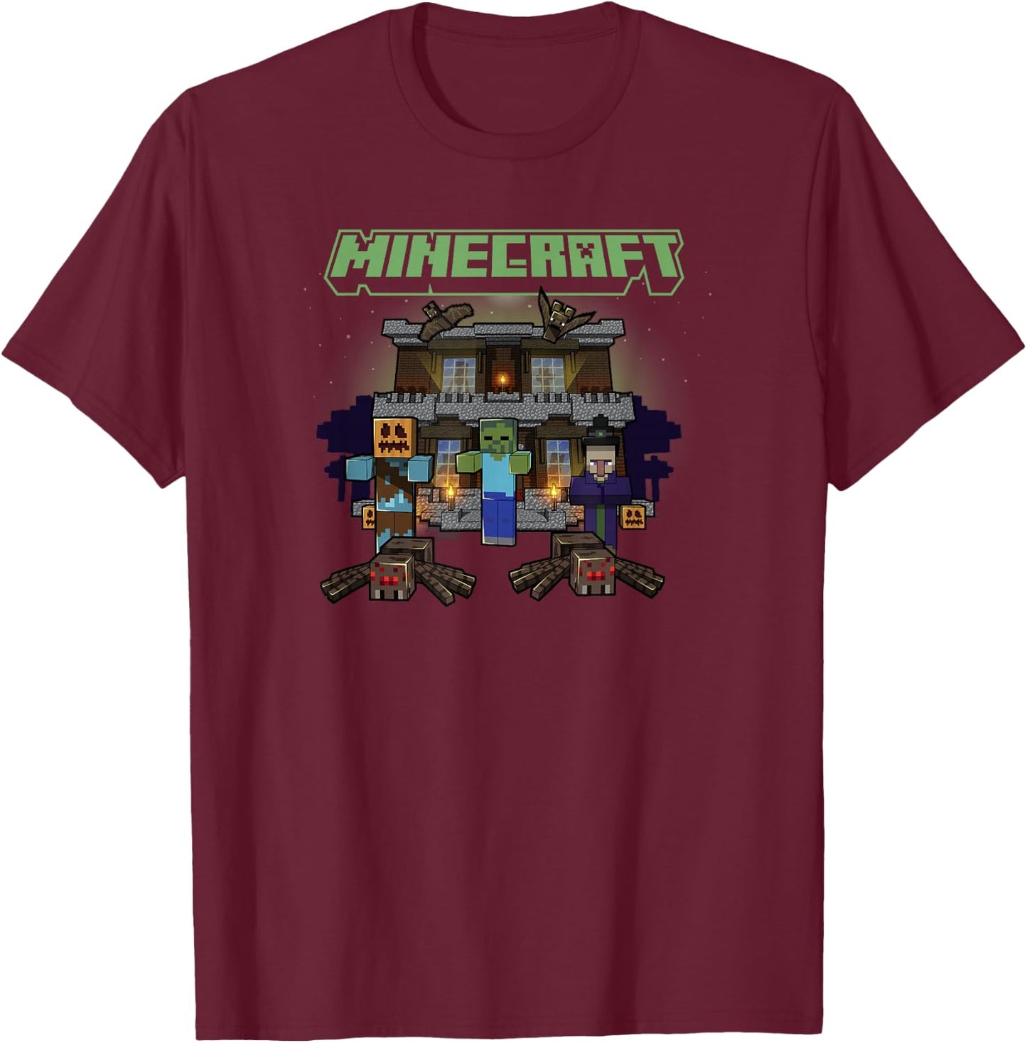 Minecraft Halloween Monsters In Haunted House Group Shot T-Shirt - T-Shirt | Maroon
