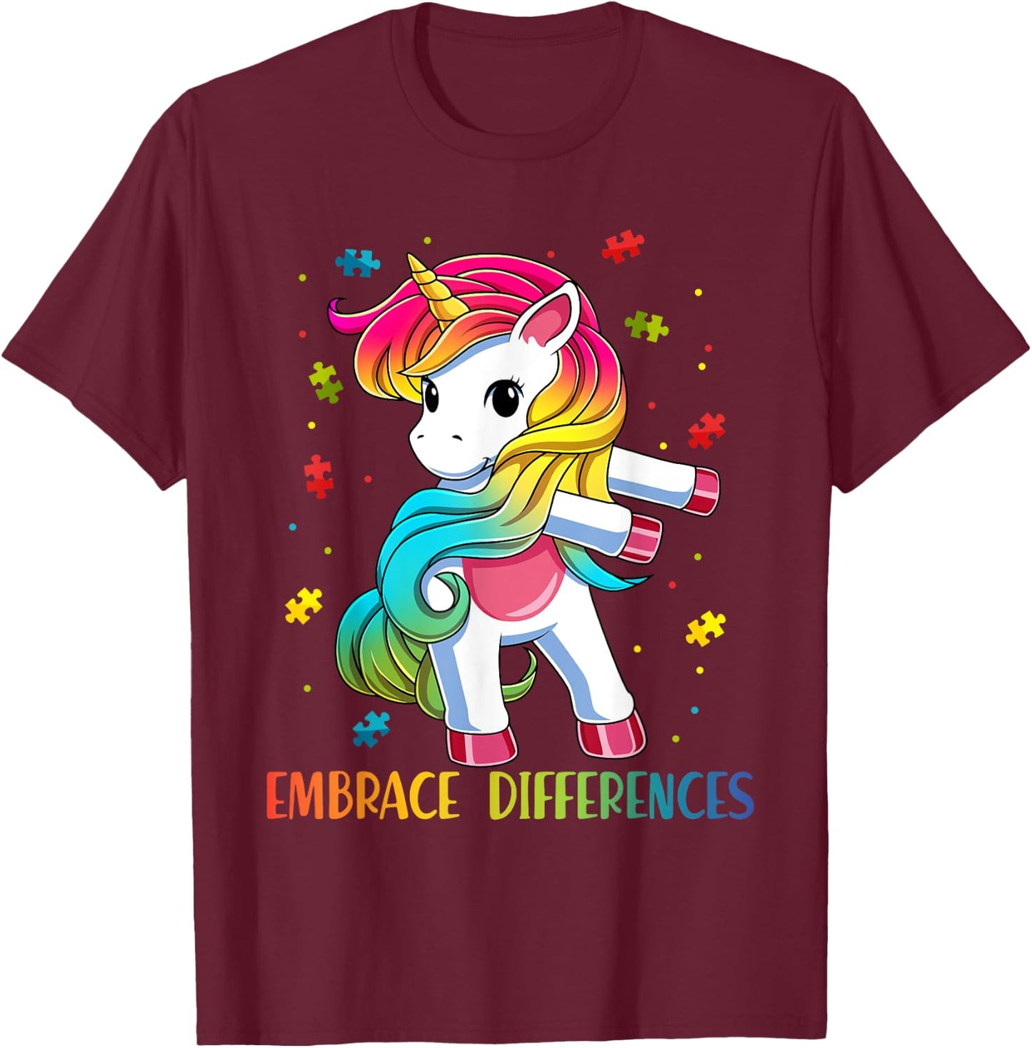 Embrace Differences Unicorn - Autism Awareness for Kids T-Shirt - T-Shirt | Maroon