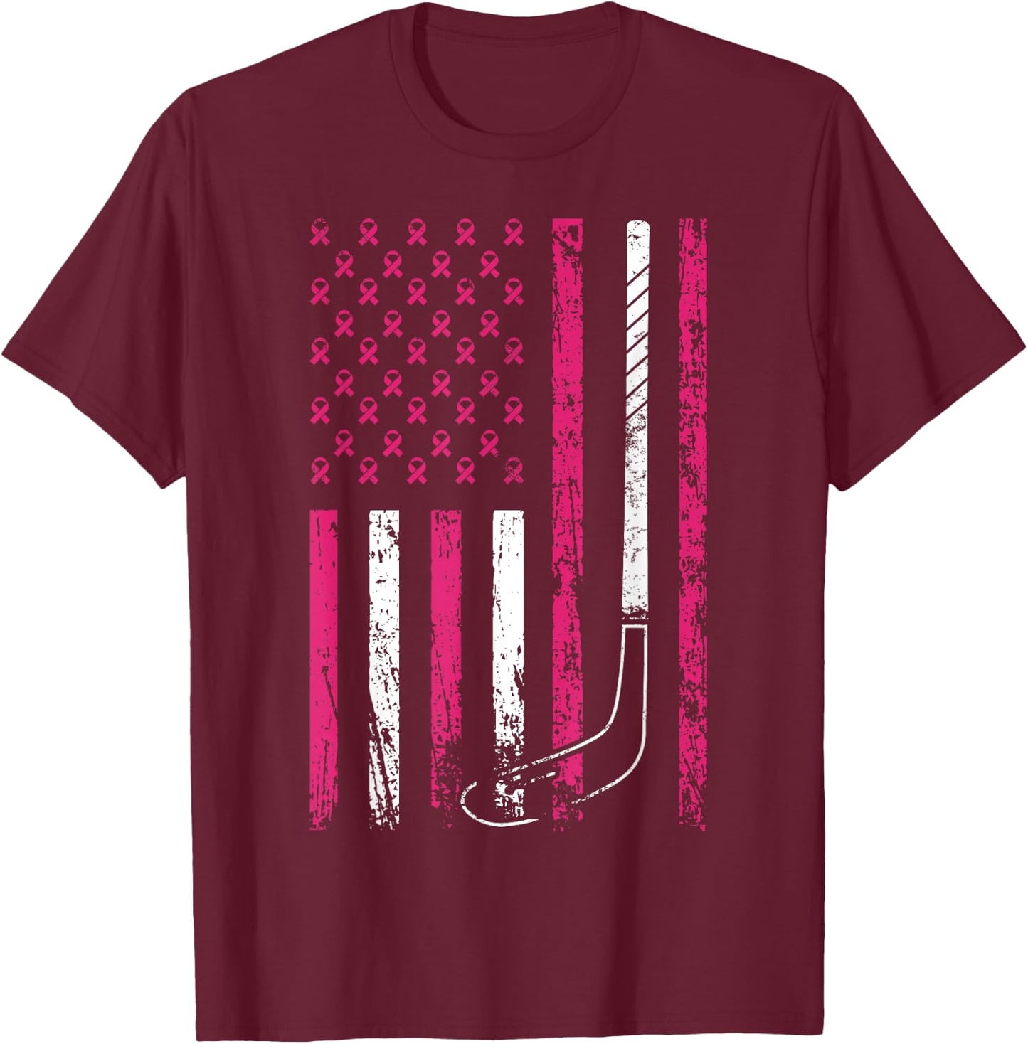 American Sports Flag Breast Cancer Awareness Ice Hockey T-Shirt - T-Shirt | Maroon
