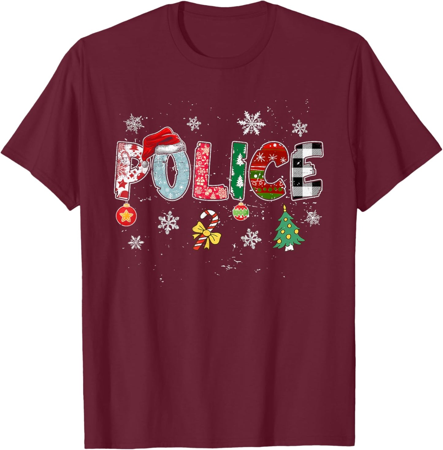 Police Christmas Santa Hat Funny Xmas Tree Plaid Pajama T-Shirt - T-Shirt | Maroon