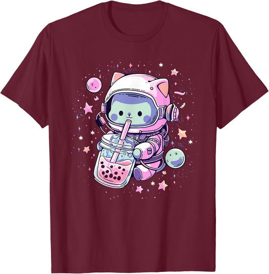 Kawaii Cat Bubble Boba Tea in Space Astronaut Anime Girls T-Shirt - T-Shirt | Maroon