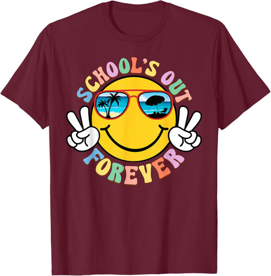 Retro Groovy School's Out Forever Retired Teacher Retirement T-Shirt - T-Shirt | Maroon