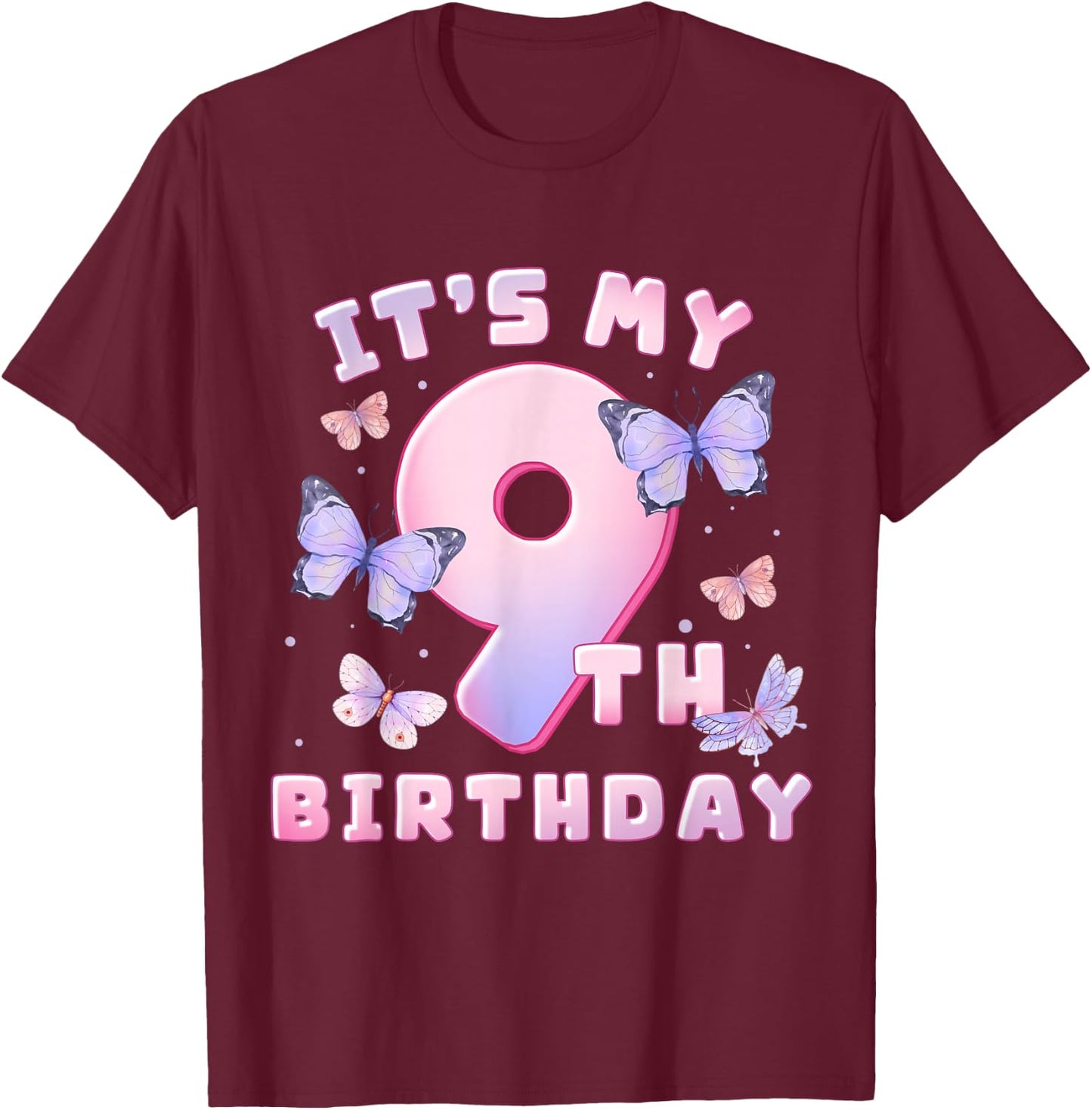 9th Birthday Girl Butterflies and Number 9 Cute Kids T-Shirt - T-Shirt | Maroon