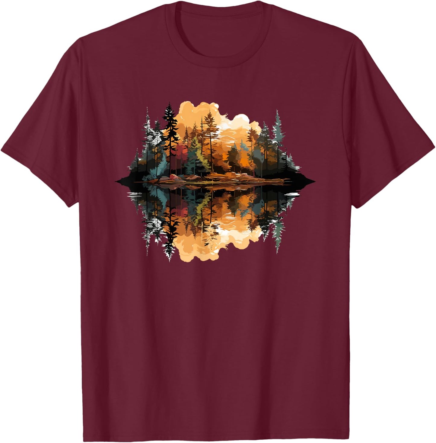 Nature Reflection Forest Trees Outdoor Wildlife T-Shirt - T-Shirt | Maroon