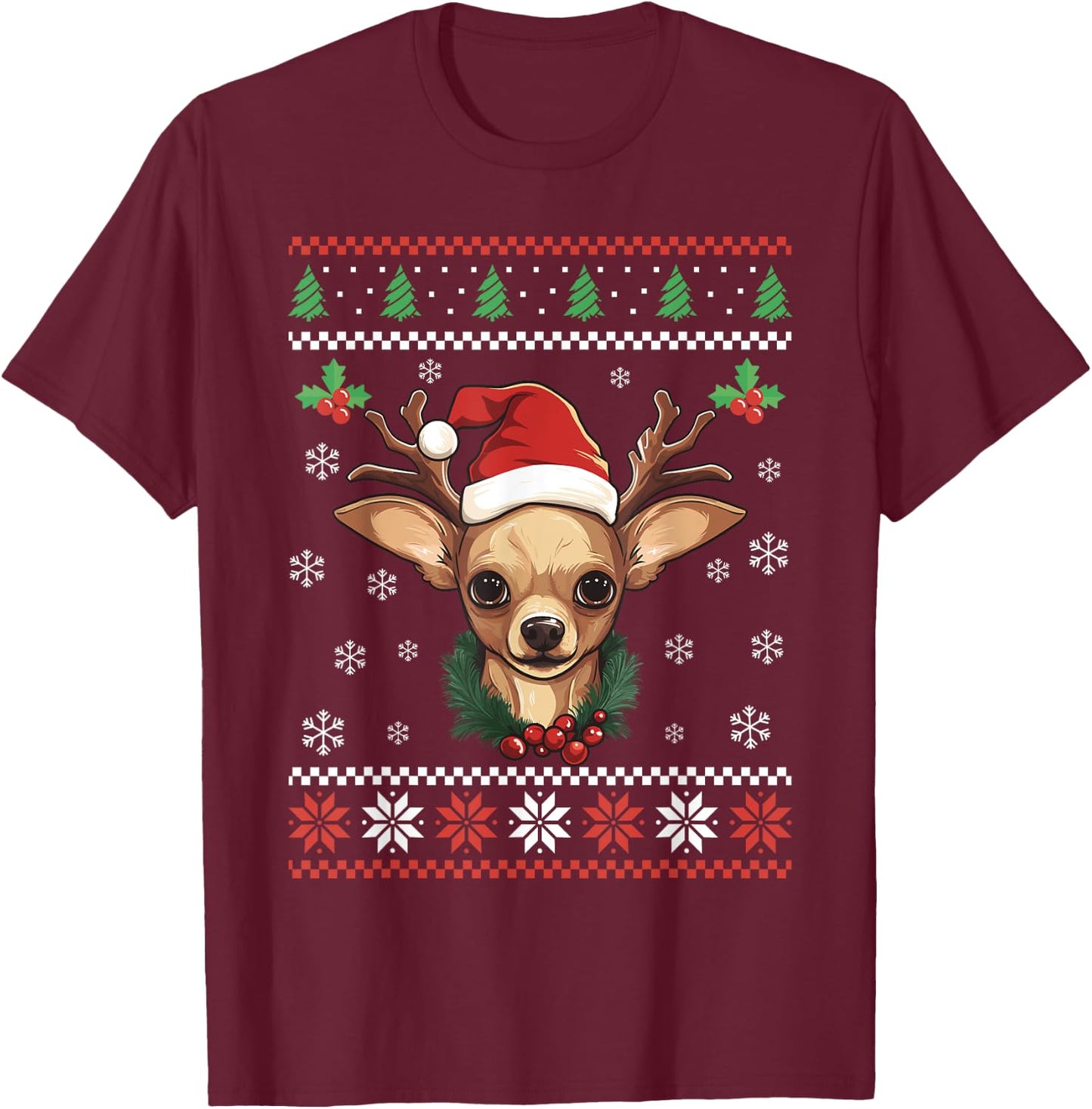 Chihuahua Dog Ugly Christmas Sweater Xmas For Adults Kids T-Shirt - T-Shirt | Maroon