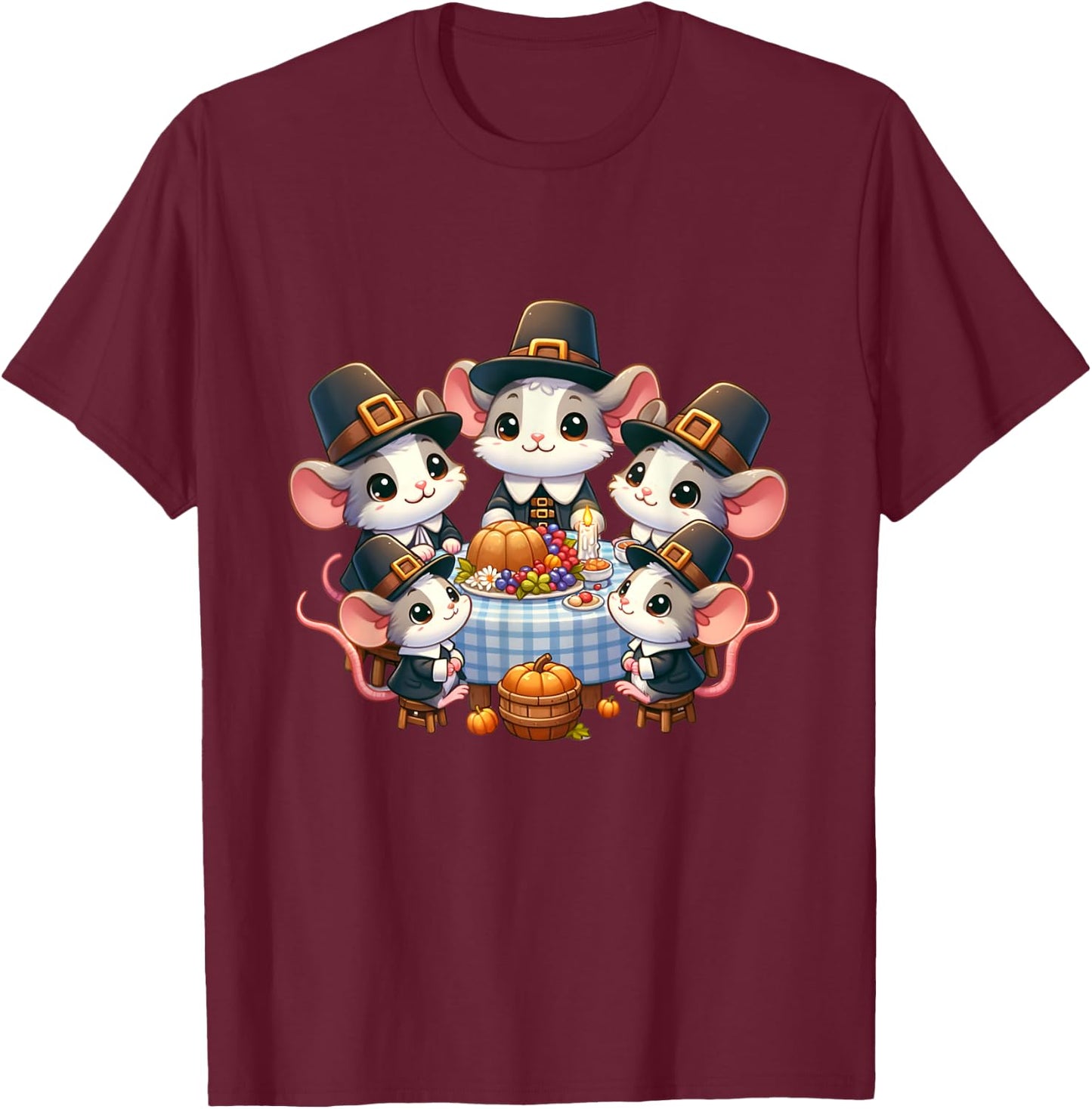 Pilgrim Mice's Thanksgiving Banquet autumn T-Shirt - T-Shirt | Maroon