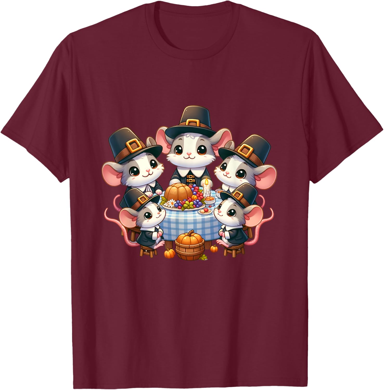 Pilgrim Mice's Thanksgiving Banquet autumn T-Shirt - T-Shirt | Maroon