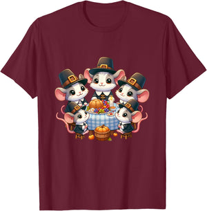 Pilgrim Mice's Thanksgiving Banquet autumn T-Shirt - T-Shirt | Maroon