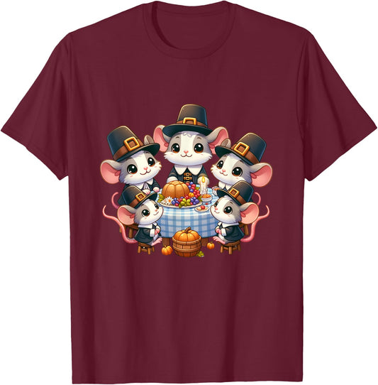 Pilgrim Mice's Thanksgiving Banquet autumn T-Shirt - T-Shirt | Maroon
