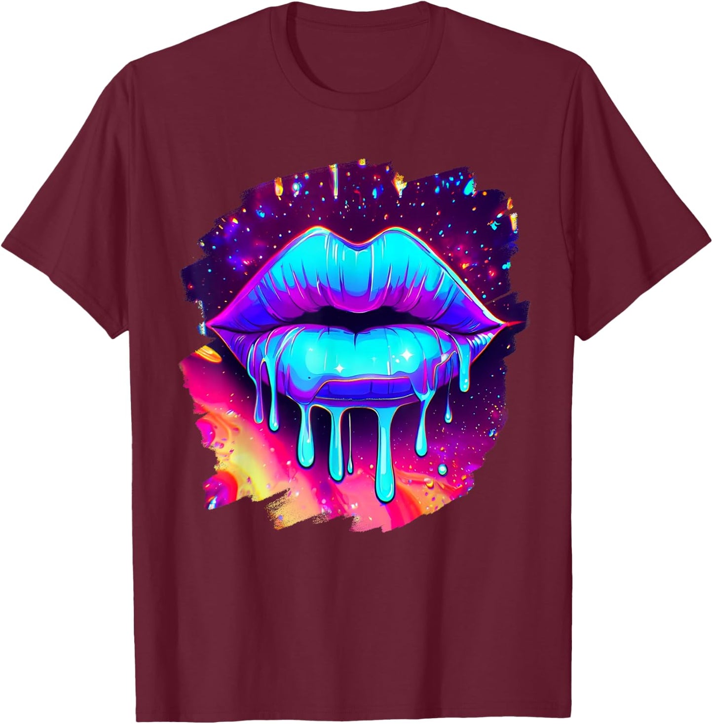 Rainbow Lips in Space Fashion Lip Art Design Print Colorful T-Shirt - T-Shirt | Maroon