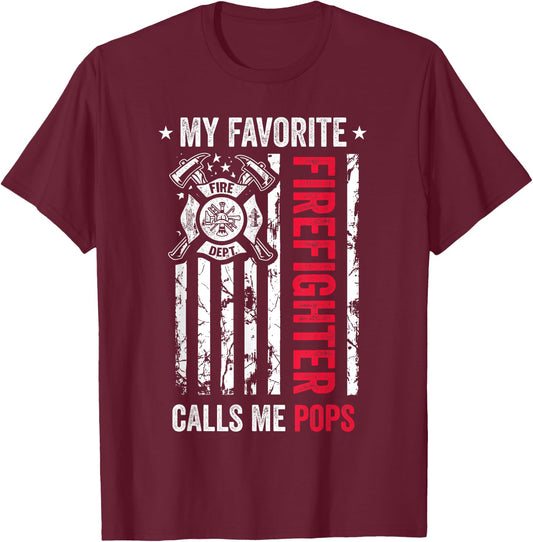 My Favorite Firefighter Calls Me Pops Firefighter USA Flag Women Kids Men T-Shirt - T-Shirt | Maroon