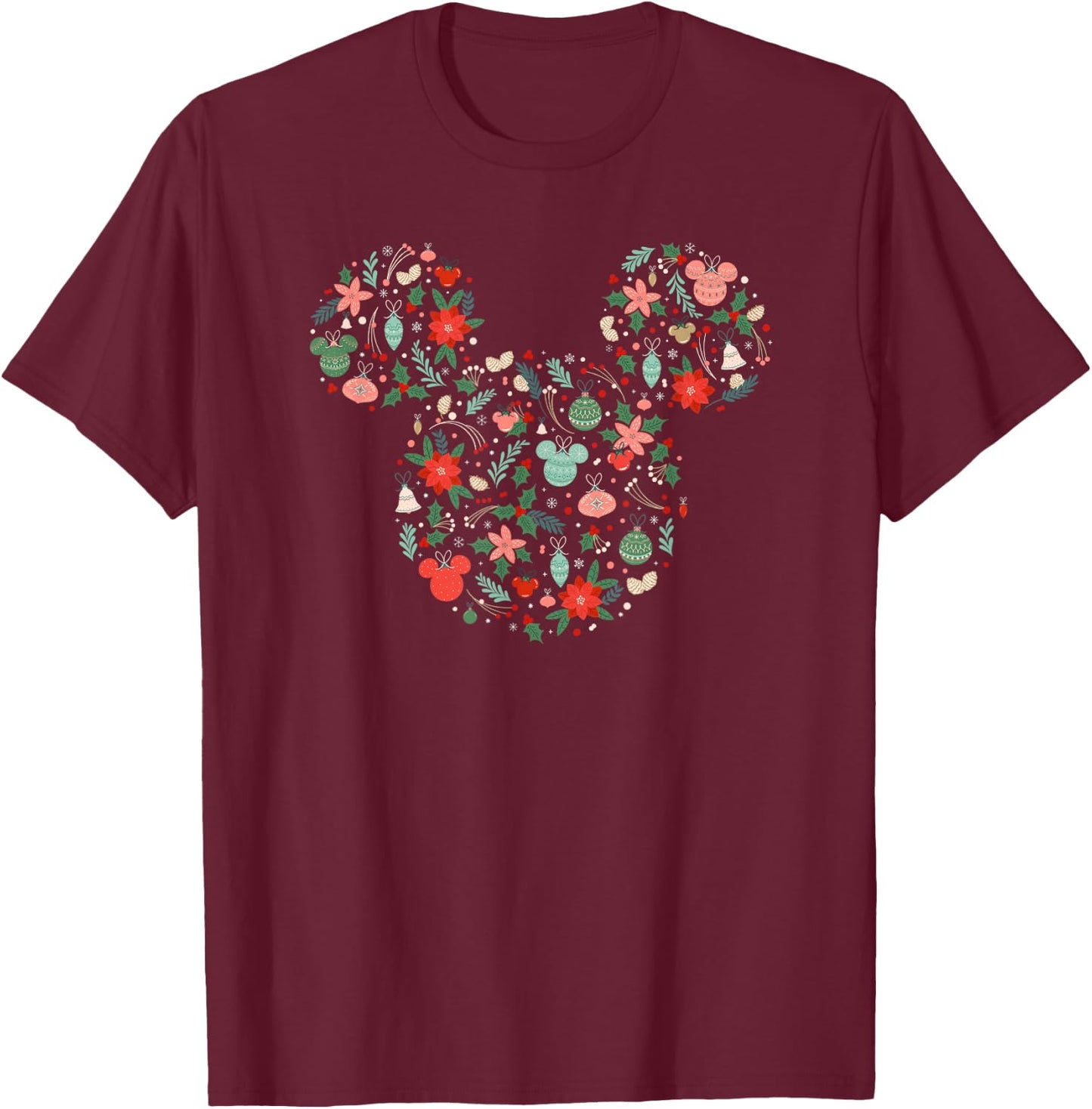 Disney Mickey Mouse Head Icon Christmas Ornaments & Holly T-Shirt - T-Shirt | Maroon