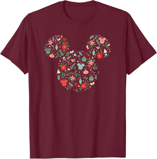 Disney Mickey Mouse Head Icon Christmas Ornaments & Holly T-Shirt - T-Shirt | Maroon