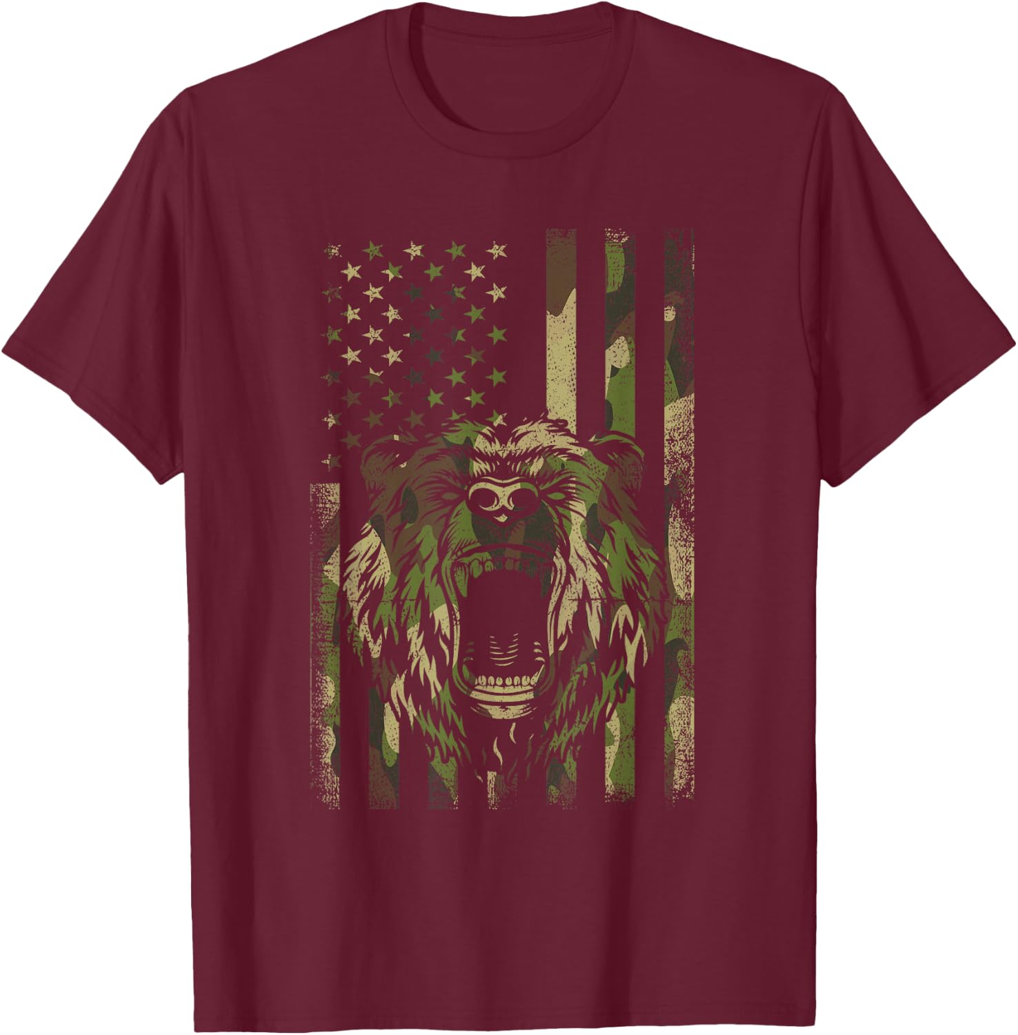 Funny Camo Hunting Lover American Flag Graphic Bear Hunters Women Men T-Shirt - T-Shirt | Maroon
