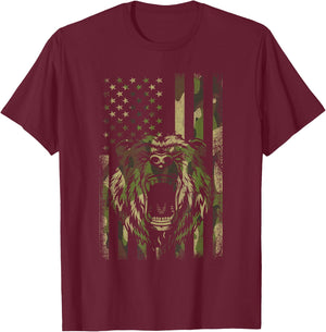Funny Camo Hunting Lover American Flag Graphic Bear Hunters Women Men T-Shirt - T-Shirt | Maroon