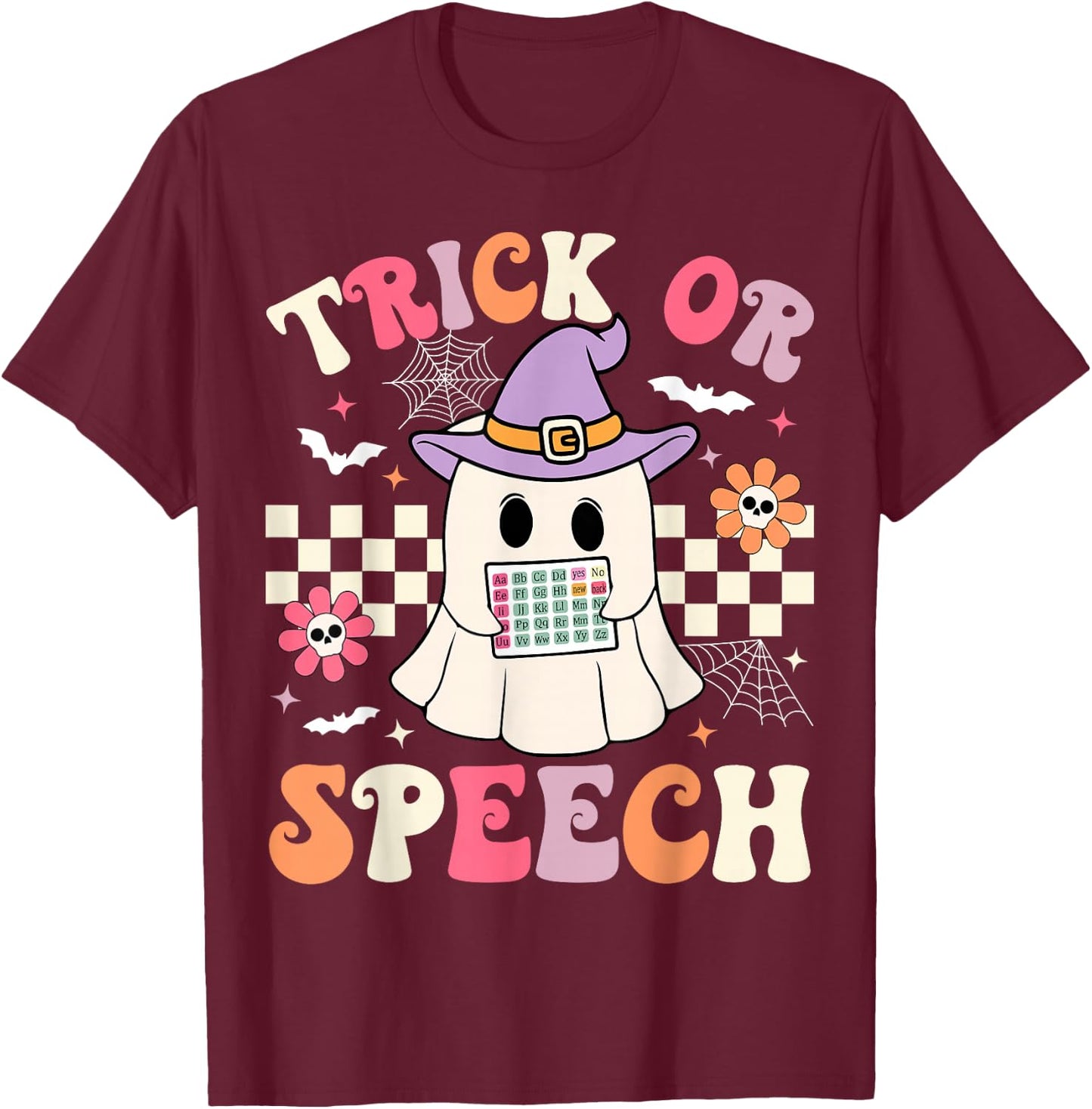 Trick or Speech Retro SLP Halloween Speech Therapy Halloween T-Shirt - T-Shirt | Maroon