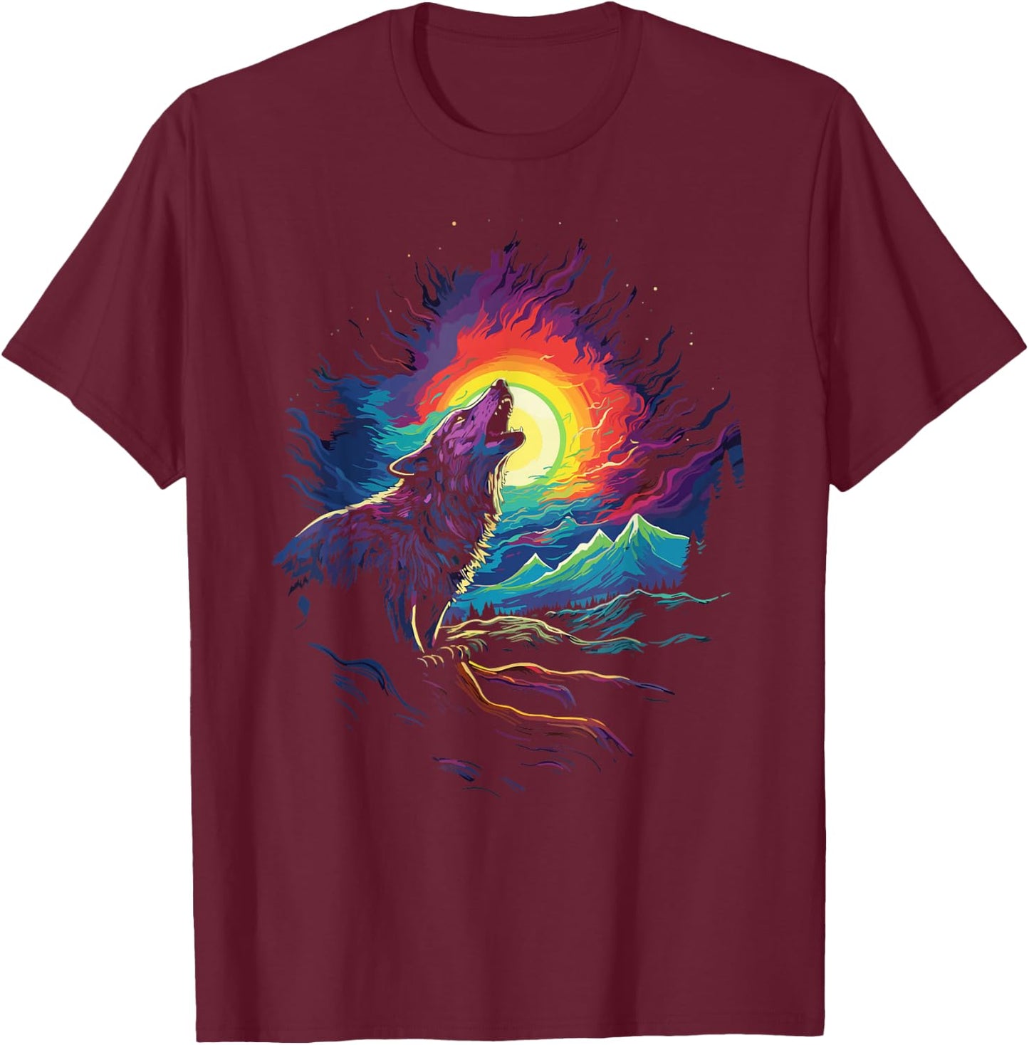 Howling Wolf Blacklight Painting Style the Full Moon T-Shirt - T-Shirt | Maroon