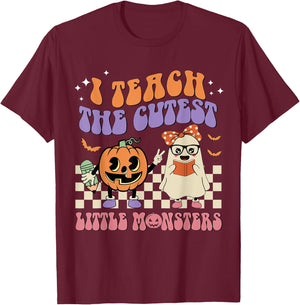 I Teach The Cutest Little Monster Retro Teacher Halloween T-Shirt - T-Shirt | Maroon