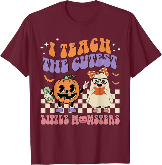 I Teach The Cutest Little Monster Retro Teacher Halloween T-Shirt - T-Shirt | Maroon