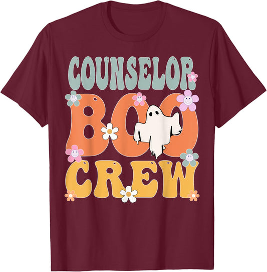 Counselor Boo Crew Ghost Retro Groovy Halloween T-Shirt - T-Shirt | Maroon
