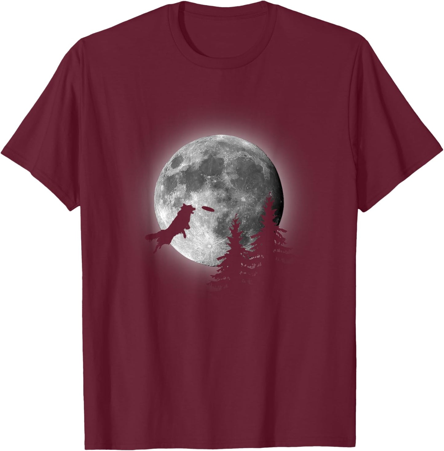 Border Collie Catching Frisbee Moon T-Shirt - T-Shirt | Maroon