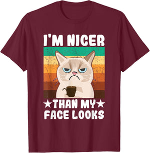 Introvert Coffee Cat I'm nicer than my face looks T-Shirt - T-Shirt | Maroon