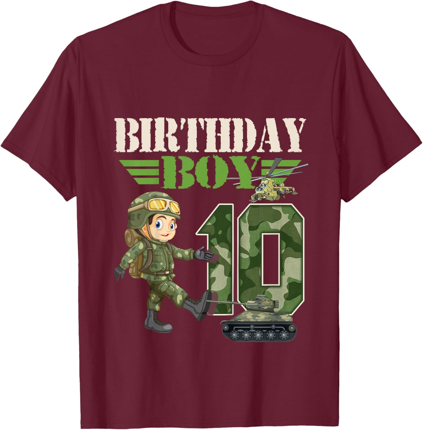 Kids 10th Birthday Military Themed Camo Boys 10 Yrs Old Soldier T-Shirt - T-Shirt | Maroon