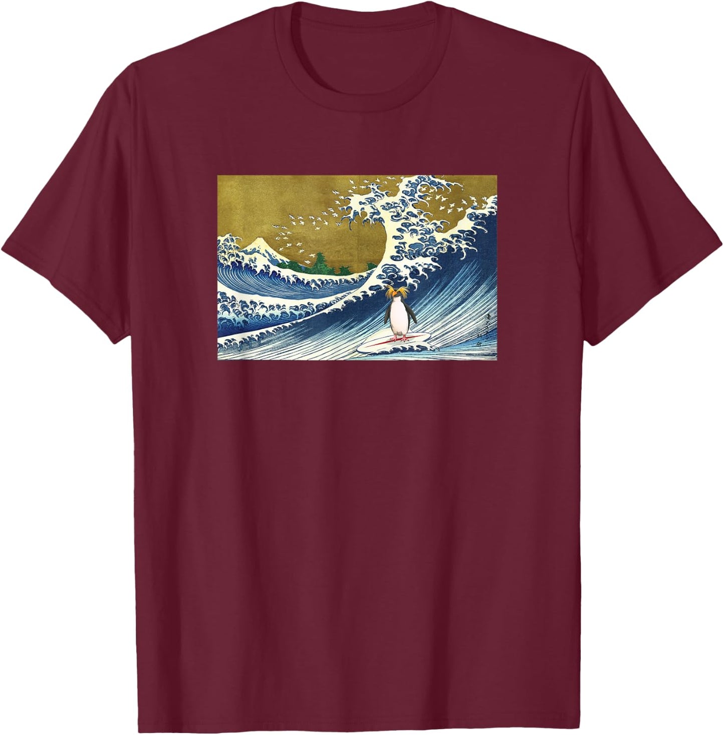 Retro Vintage Surfing A Great Wave Macaroni Penguin Lover T-Shirt - T-Shirt | Maroon