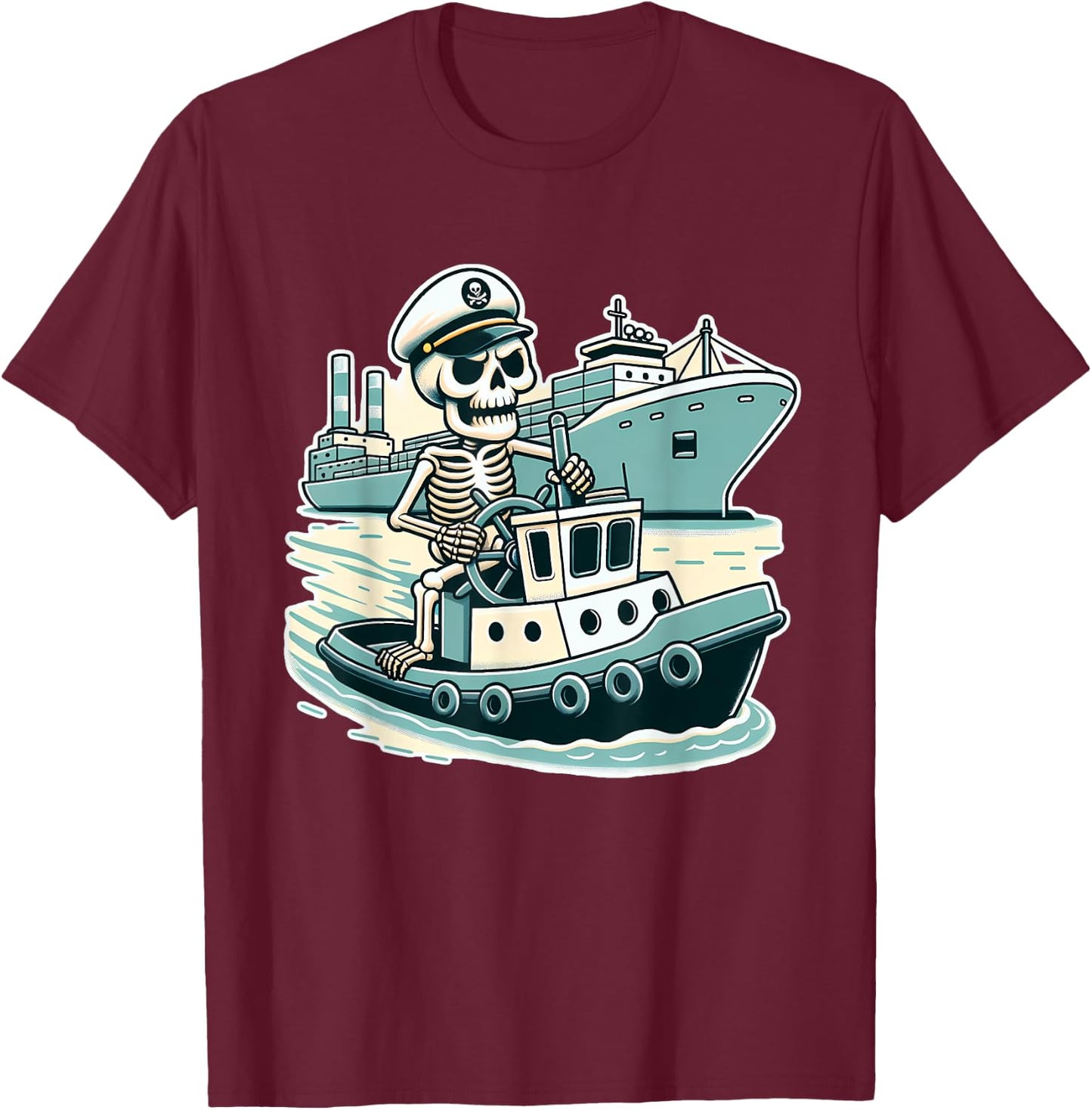 Halloween Skeleton Tugboat Captain T-Shirt - T-Shirt | Maroon