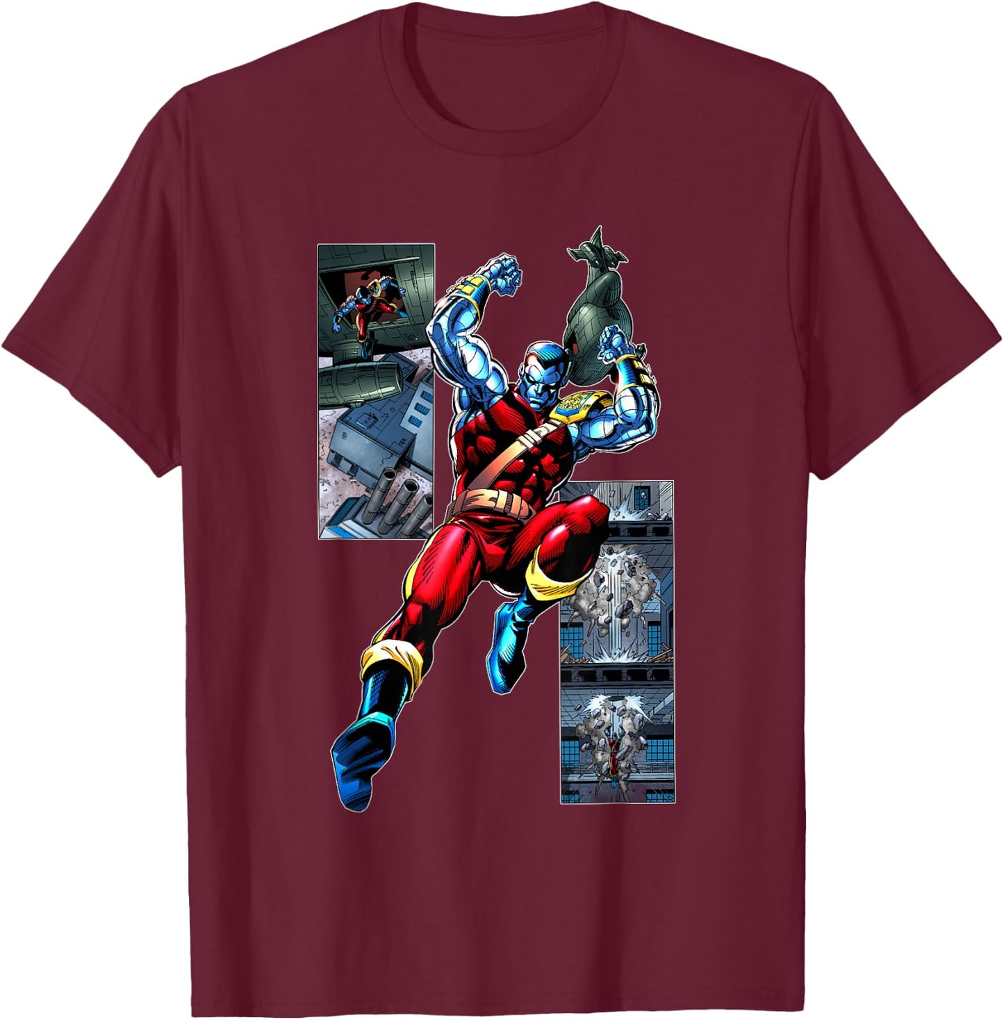 Marvel X-Men Colossus Jumping Through Roof Comic Panels T-Shirt - T-Shirt | Maroon