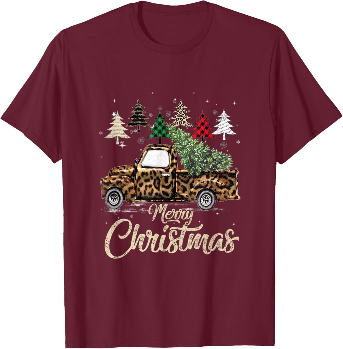 Green Buffalo Plaid Christmas Tree Leopard Covered Red Truck T-Shirt - T-Shirt | Maroon