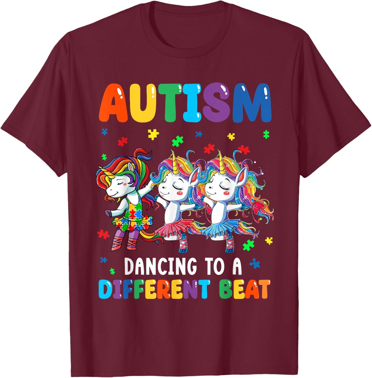 Autism Unicorn Dancing To A Different Beat Autism Awareness T-Shirt - T-Shirt | Maroon