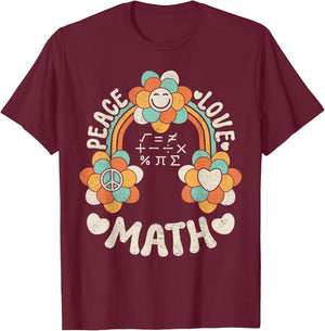 60s 70s Groovy Rainbow Outfit Hippie Teacher Peace Love Math T-Shirt - T-Shirt | Maroon