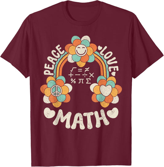 60s 70s Groovy Rainbow Outfit Hippie Teacher Peace Love Math T-Shirt - T-Shirt | Maroon