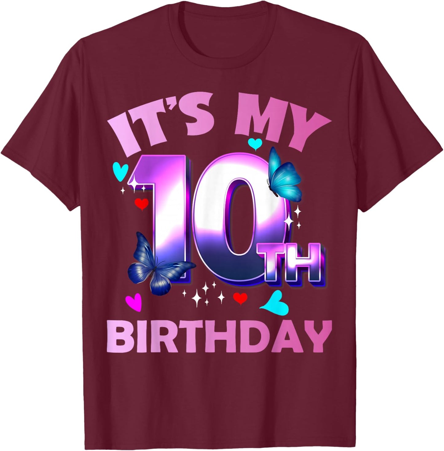 Butterflies - Girls and Boys - It´s My 10th Birthday T-Shirt - T-Shirt | Maroon