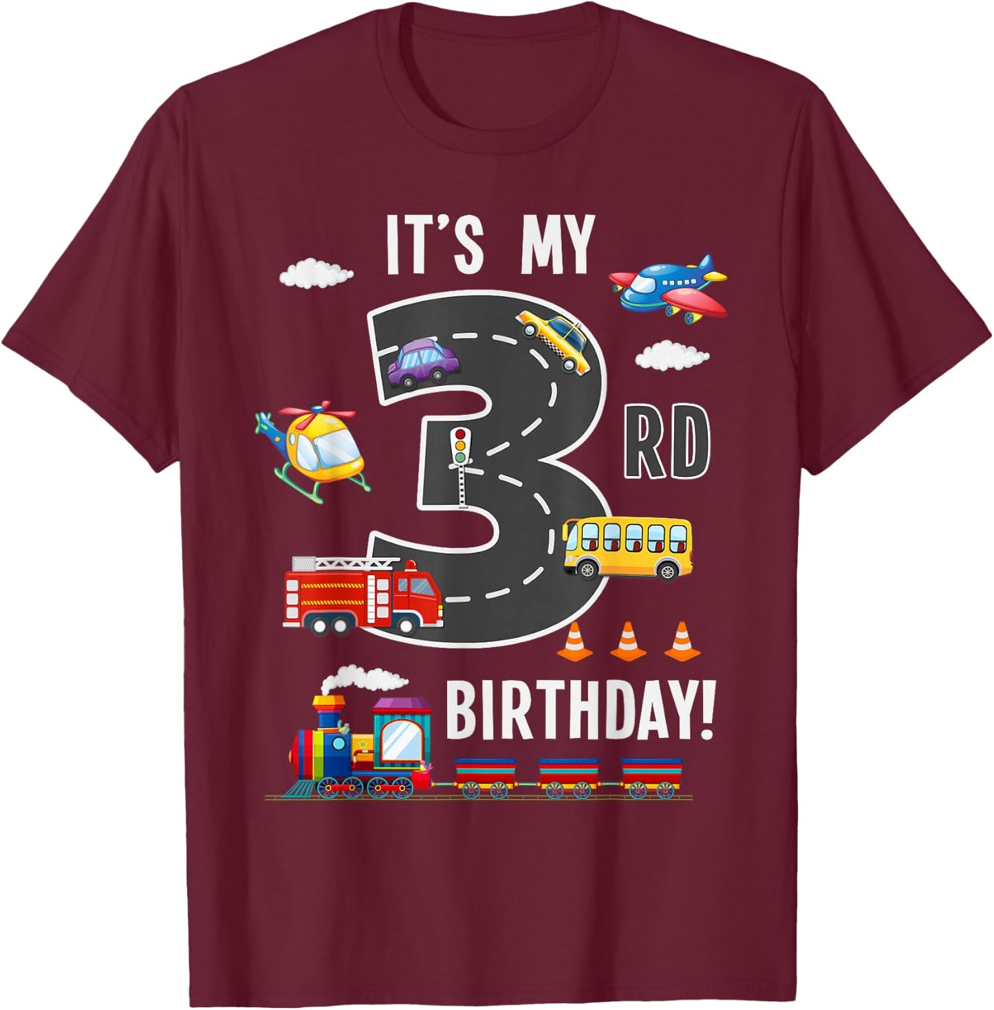 Its My 3rd Birthday Boy 3 Bday Train Car Fire Truck Airplane T-Shirt - T-Shirt | Maroon