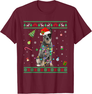Ugly Sweater Australian Cattle Dog Christmas Light Santa Hat T-Shirt - T-Shirt | Maroon