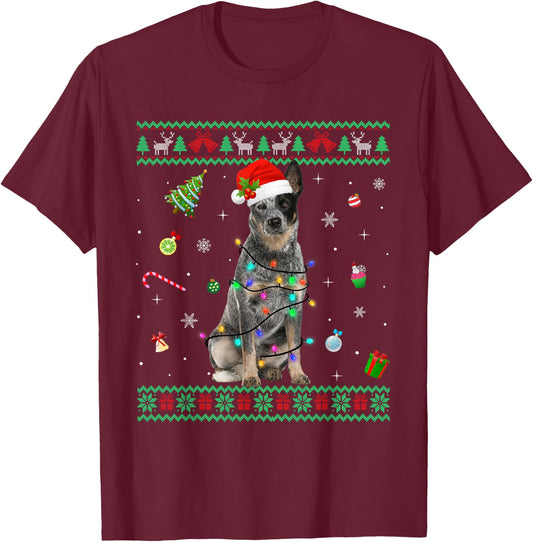 Ugly Sweater Australian Cattle Dog Christmas Light Santa Hat T-Shirt - T-Shirt | Maroon