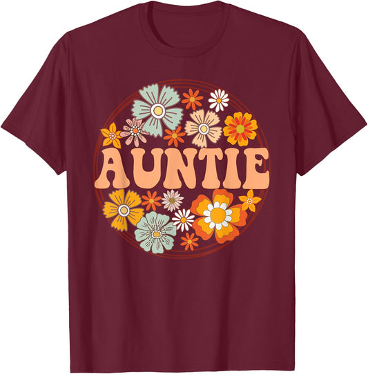 Groovy Auntie Retro Flowers Women Mother's Day Aunt T-Shirt - T-Shirt | Maroon