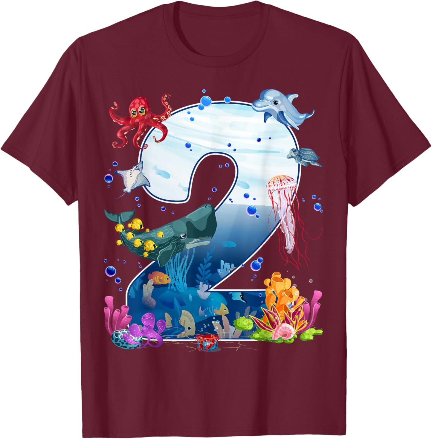 2nd Birthday Party Ocean 2 Year Old Sea Fish Aquarium Boy T-Shirt - T-Shirt | Maroon