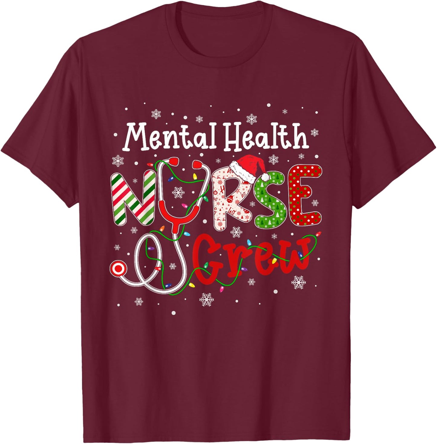 Mental Health Christmas Nurse Crew Nursing Christmas Pattern T-Shirt - T-Shirt | Maroon