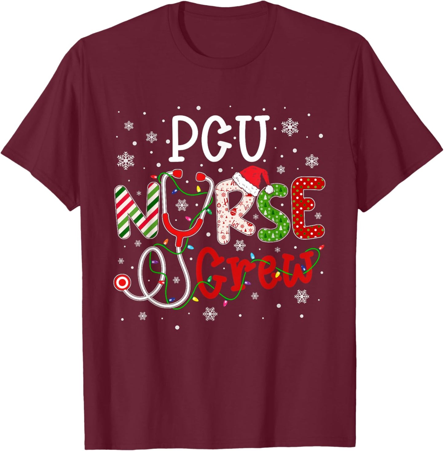 PCU Christmas Nurse Crew Funny Nursing Christmas Pattern T-Shirt - T-Shirt | Maroon