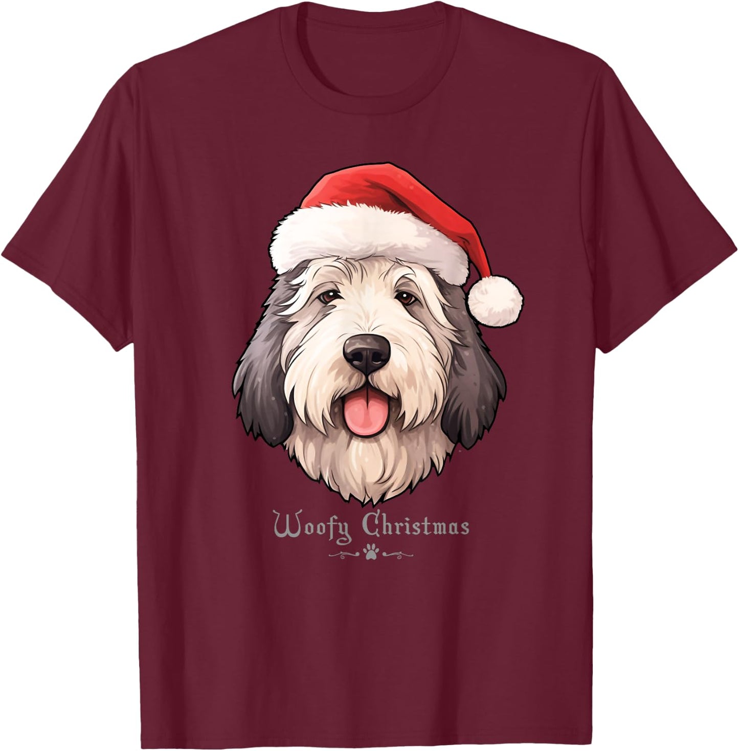 Old English Sheepdog Funny Woofy Christmas Simple Design T-Shirt - T-Shirt | Maroon