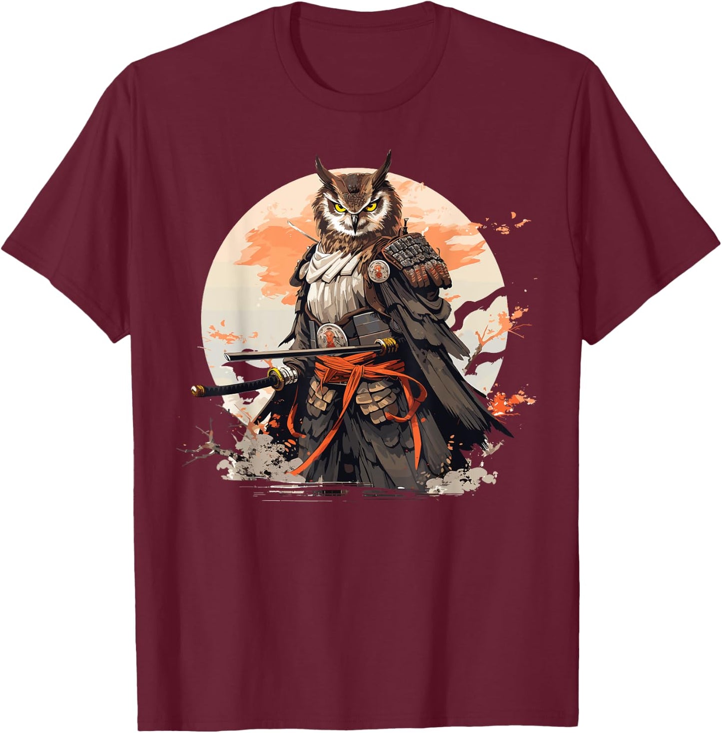 Samurai Owl Warrior Japanese Ninja Bird Owl Kawaii T-Shirt - T-Shirt | Maroon
