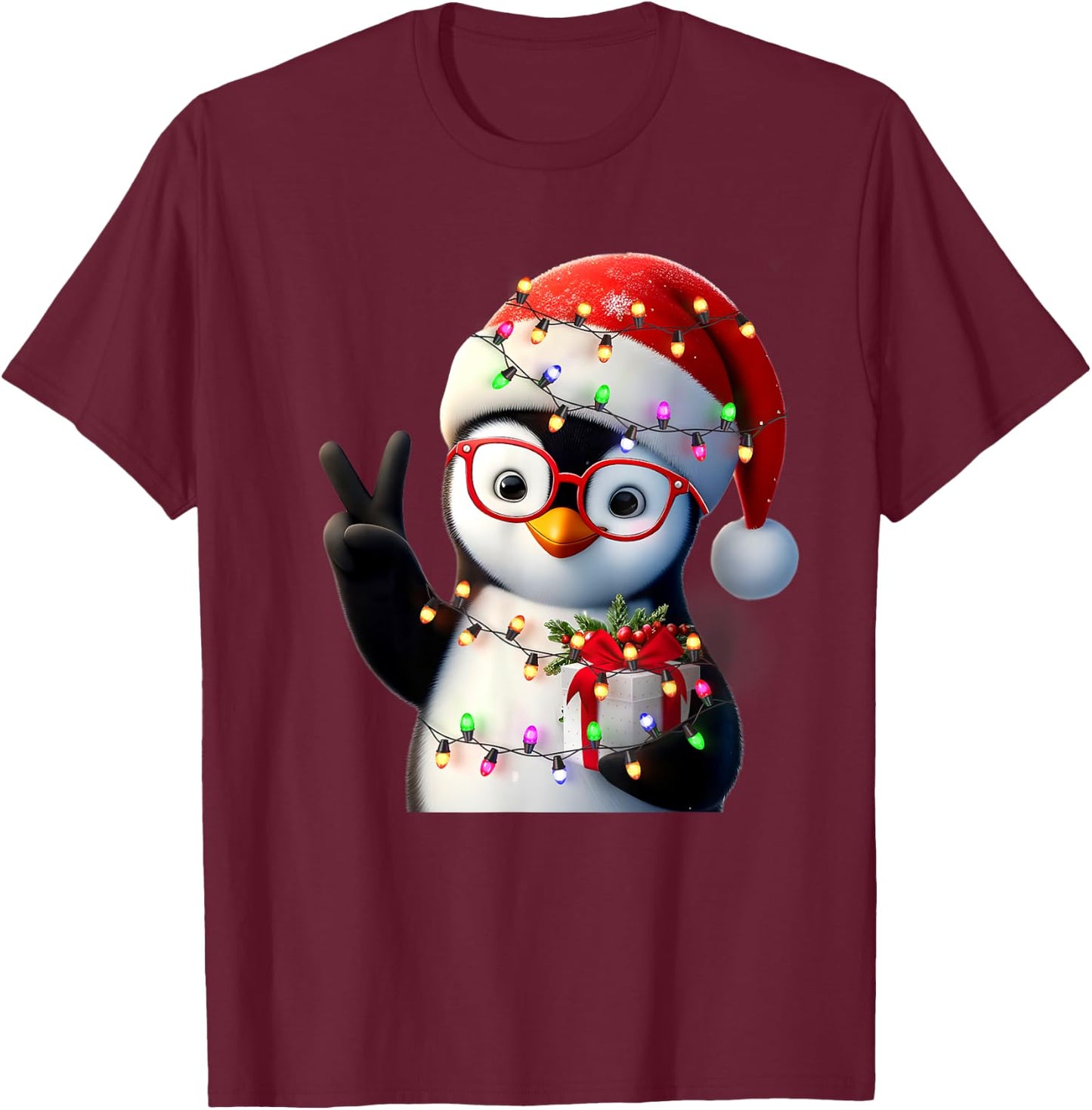 Peace Sign Hand Penguin Santa Christmas Penguin Pajamas T-Shirt - T-Shirt | Maroon
