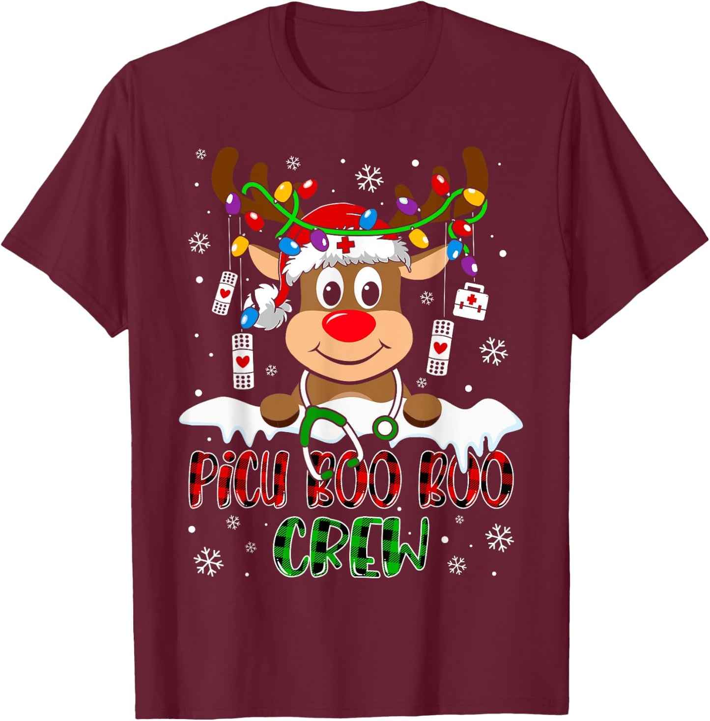 PICU Nurse Boo Crew Reindeer Nurse Buffalo Plaid Christmas T-Shirt - T-Shirt | Maroon