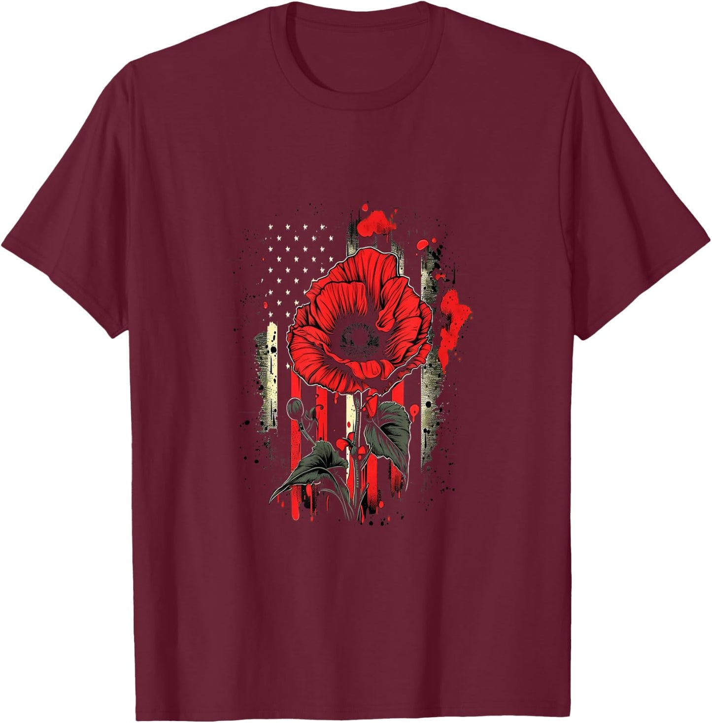 Memorial Day Red Poppy Flower American Flag USA 4th of July T-Shirt - T-Shirt | Maroon