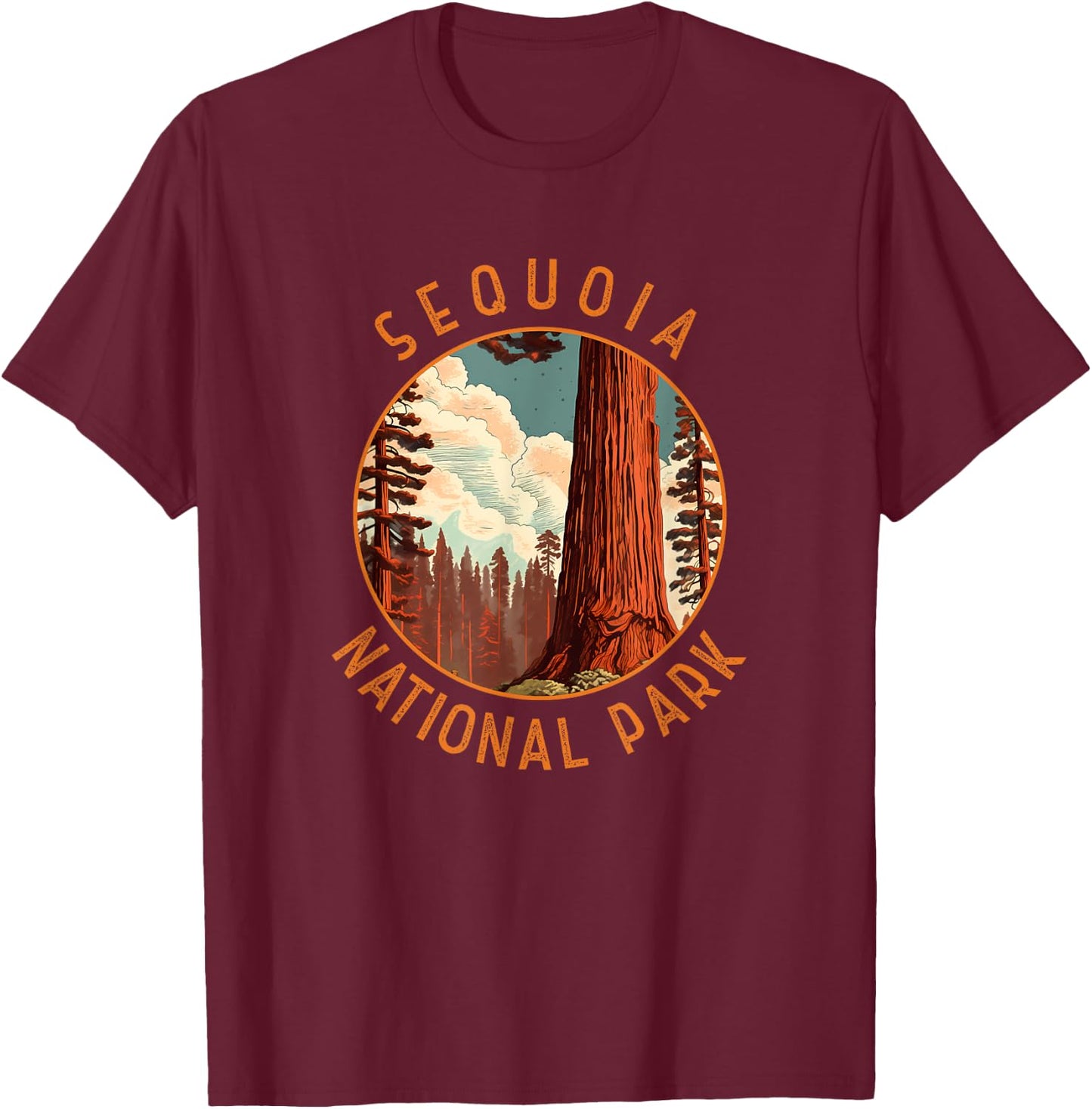 Sequoia National Park Illustration Distressed Circle T-Shirt - T-Shirt | Maroon