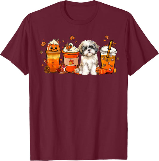 Fall Coffee Pumpkin Spice Fall Vibes Shih tzu Dog T-Shirt - T-Shirt | Maroon