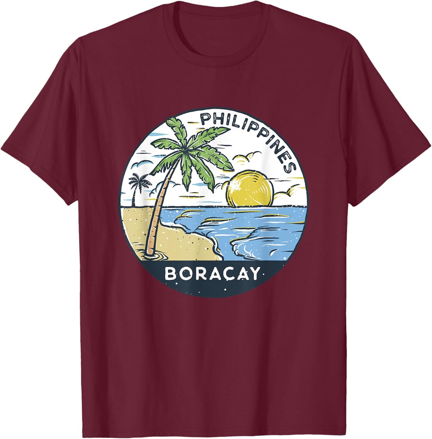 Boracay Philippines Illustrated Ocean Vintage T-Shirt - T-Shirt | Maroon